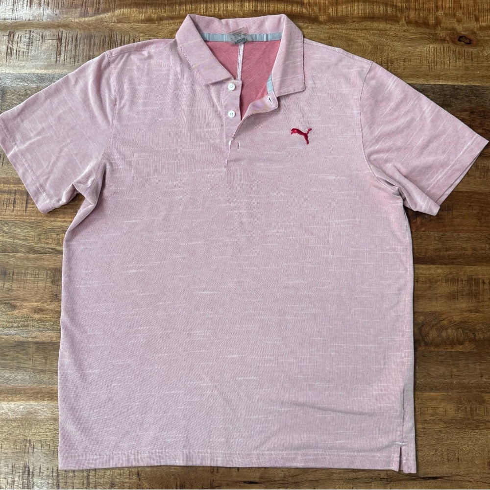 PUMA Men’s Polo Golf Shirt - Muted Pink with Thin Stripe Pattern - Size XL